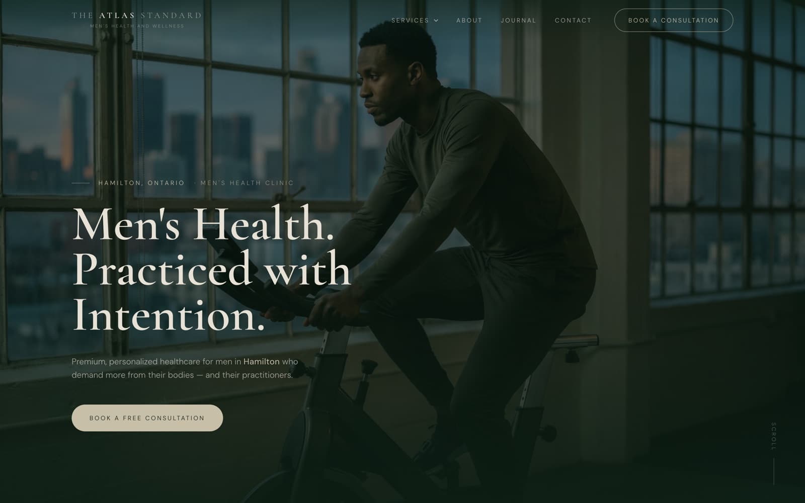 The Atlas Standard homepage: a dark, cinematic hero reading 'Men's Health. Practiced with Intention.'